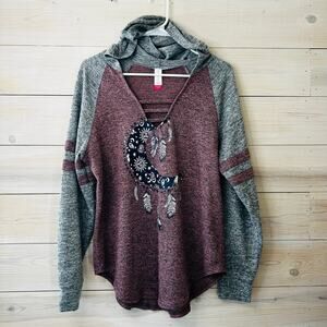Gray and Maroon Long Sleeve Moon & Dream Catcher Graphic Sweater